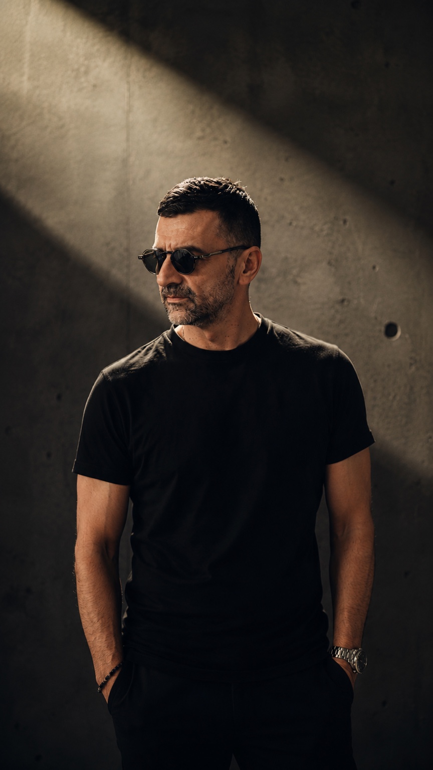 Marc Stan wearing black against a concrete wall