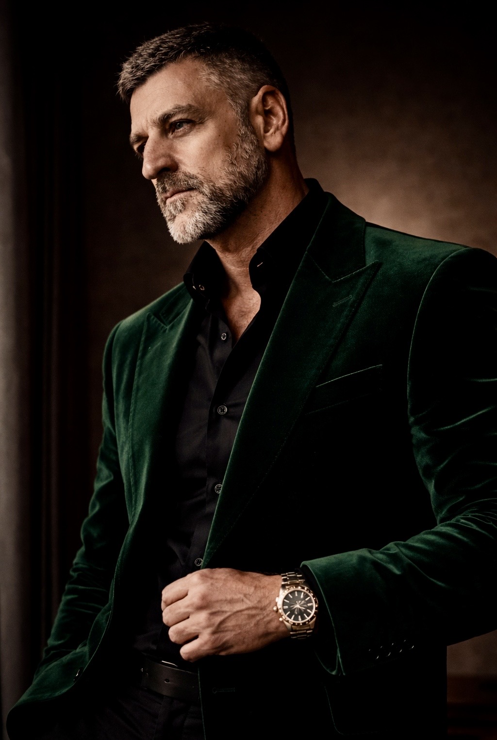 Editorial portrait of Marc Stan in a green velvet blazer