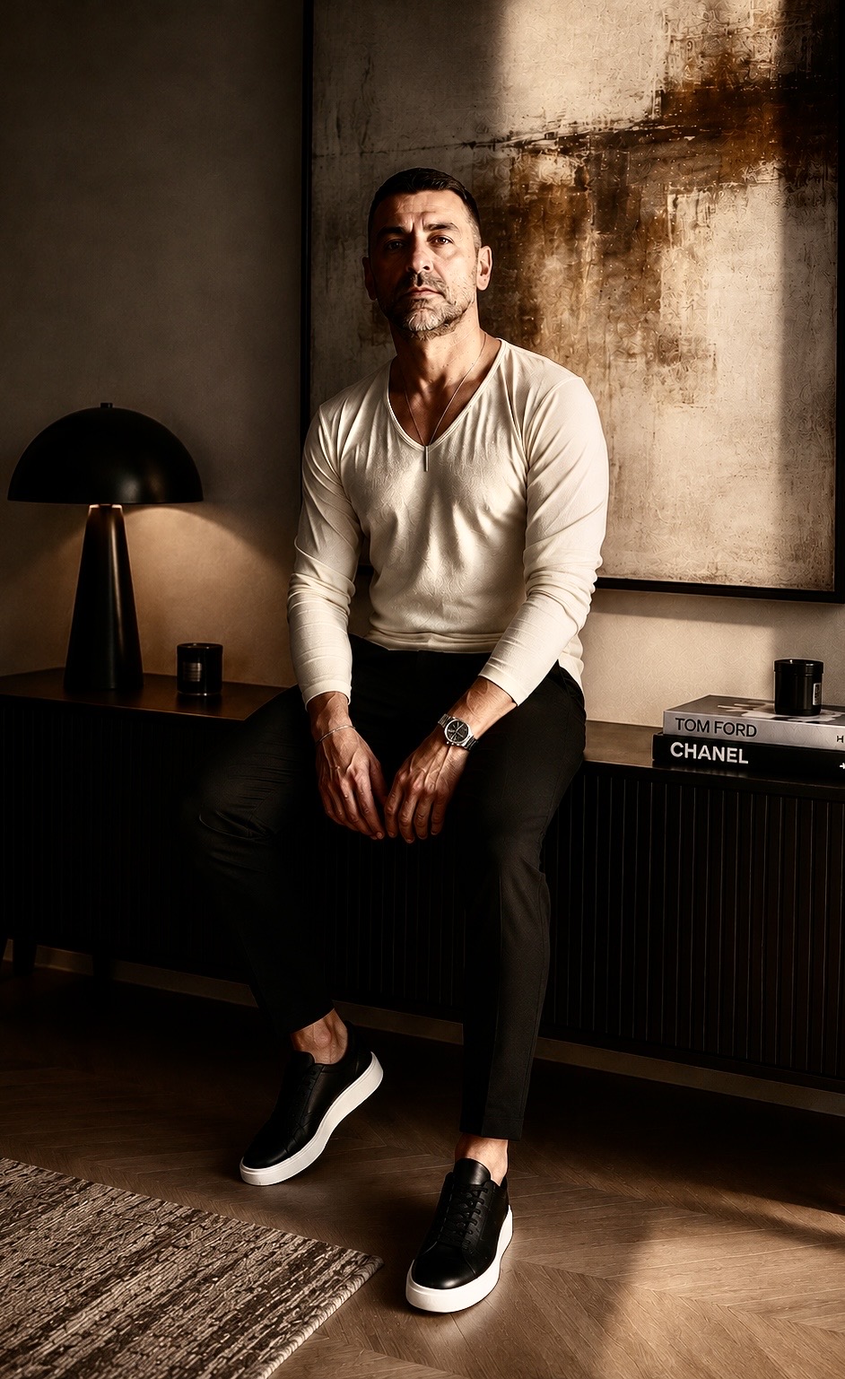 Marc Stan seated in a warm editorial interior